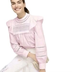 J. Crew Pastel Pink Peasant Blouse Crochet Lace Ruffle Sleeve High Neck Top Sz S